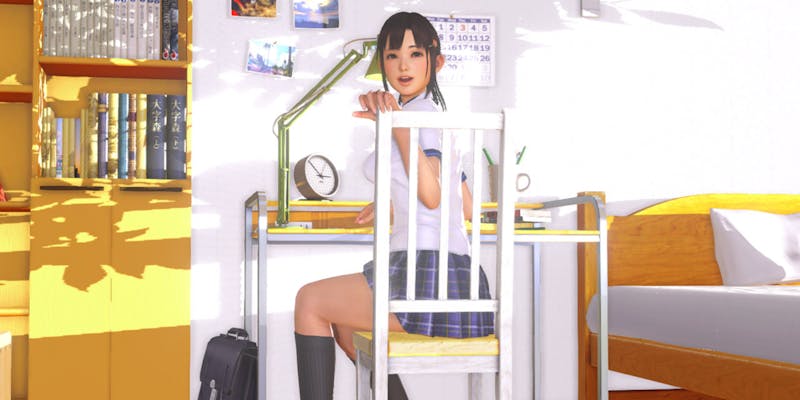 VR Kanojo - Sakura looking over back of chair