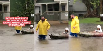 Screenshots taken from a video of a dad pulling his two kids home from school in a kayak during a flash flood in Louisiana.