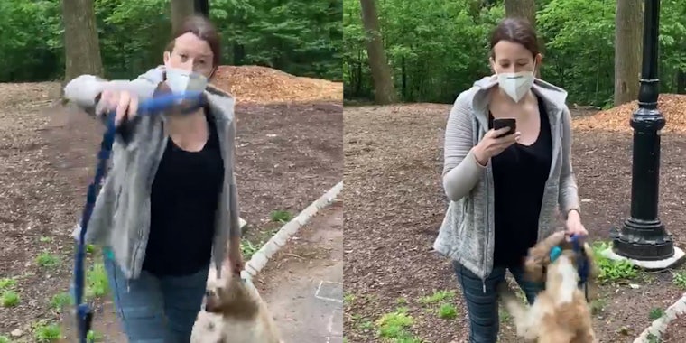 woman dragging dog by collar, using phone