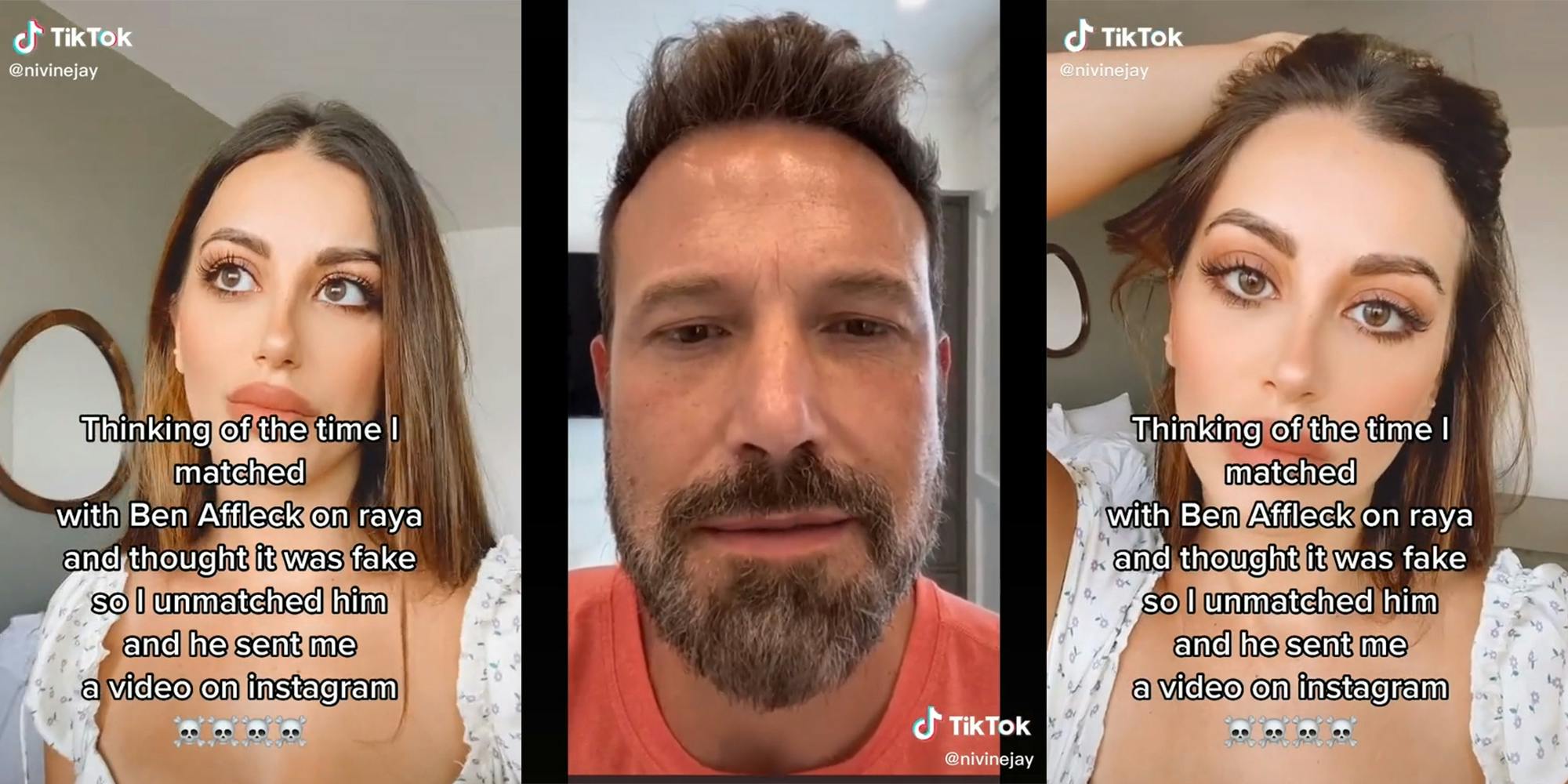 woman with "thinking of the time I matched with Ben Affleck on raya and thought it was fake so I unmatched him and he sent me a video on instagram" with emoji skulls (left and right) ben affleck (center)