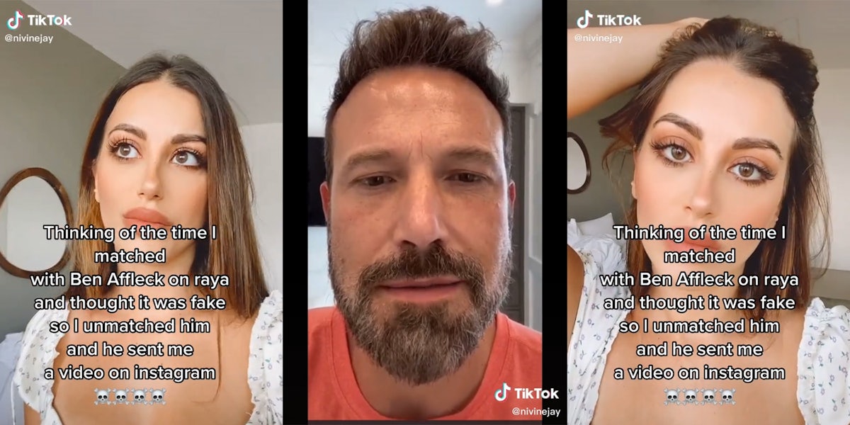 woman with 'thinking of the time I matched with Ben Affleck on raya and thought it was fake so I unmatched him and he sent me a video on instagram' with emoji skulls (left and right) ben affleck (center)