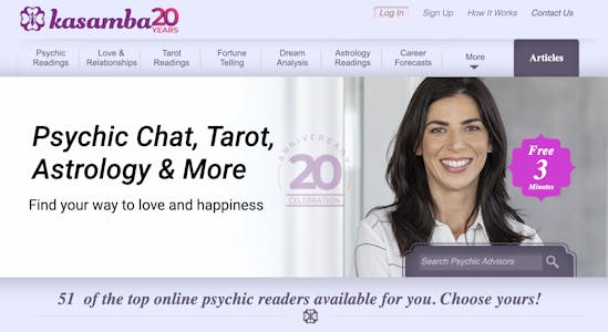 Screenshot of the Kasamba homepage displaying the services offered, like tarot, psychic reading, and compatibility charts for aries men and women.
