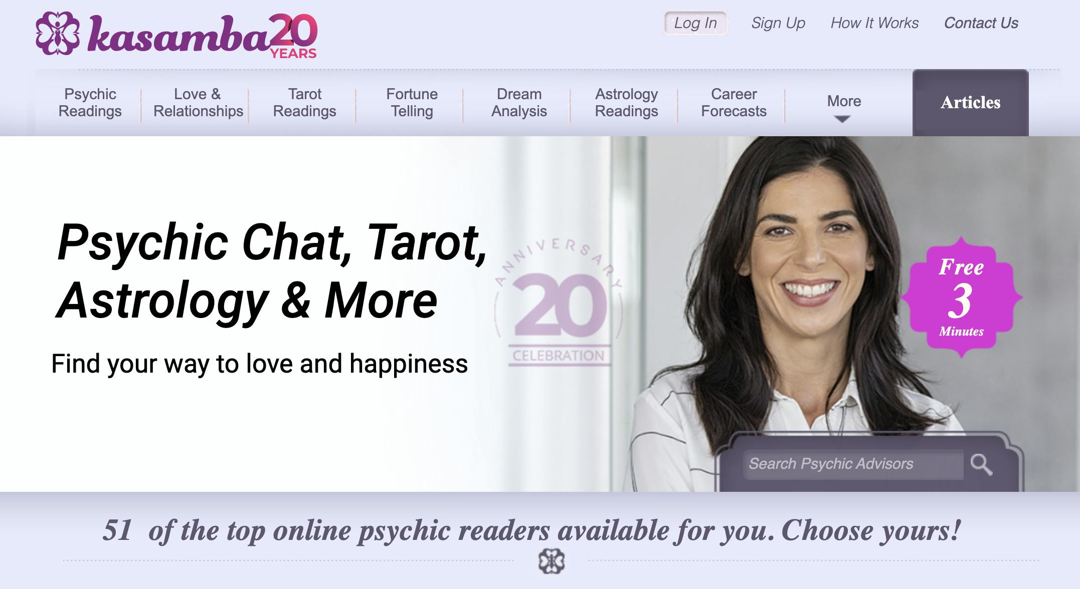 Screenshot of the Kasamba homepage displaying the services offered, like tarot, psychic reading, and compatibility charts for aries men and women.