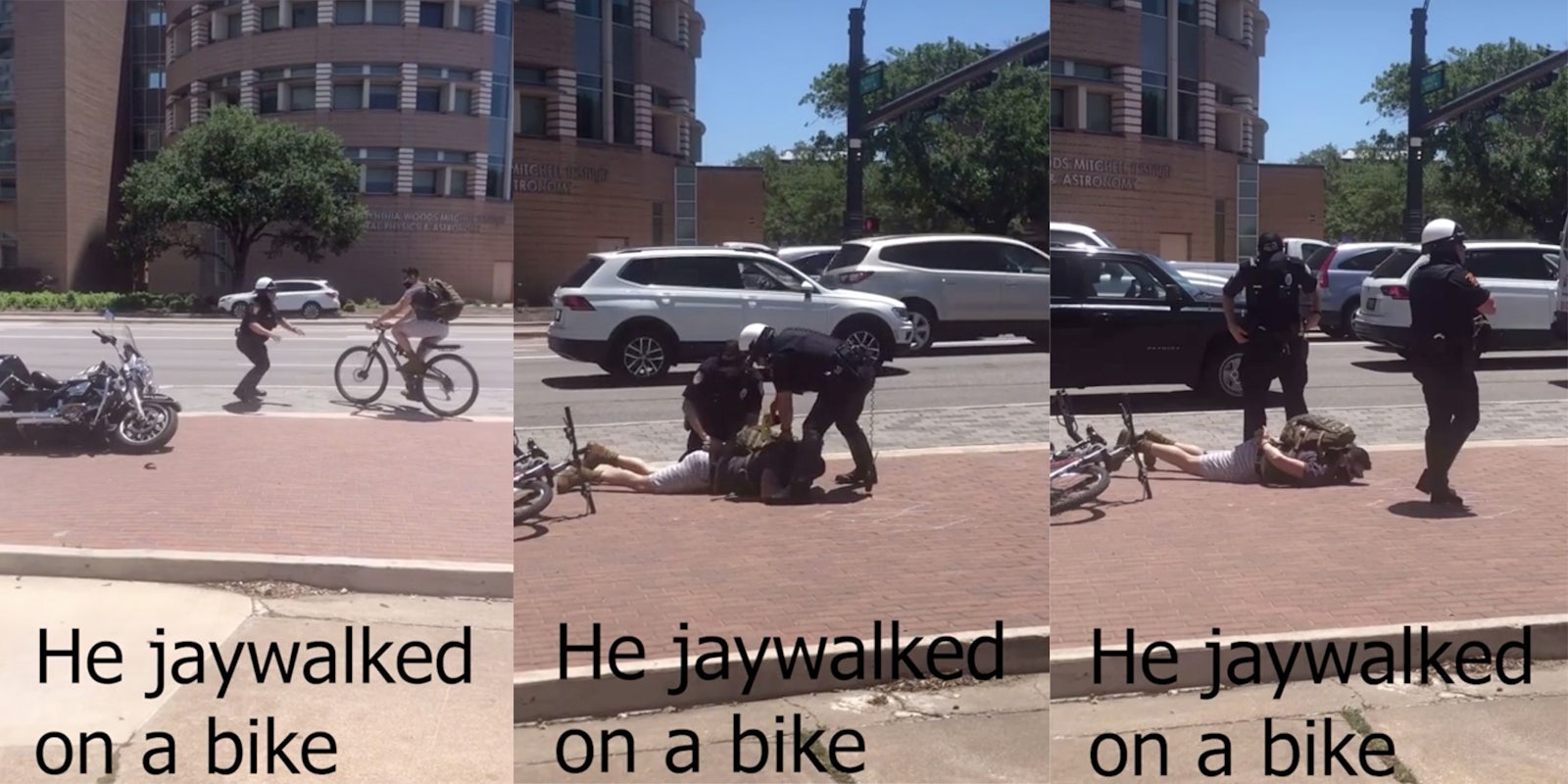 Two police officers hold a biker face down on the sidewalk while putting handcuffs on him.