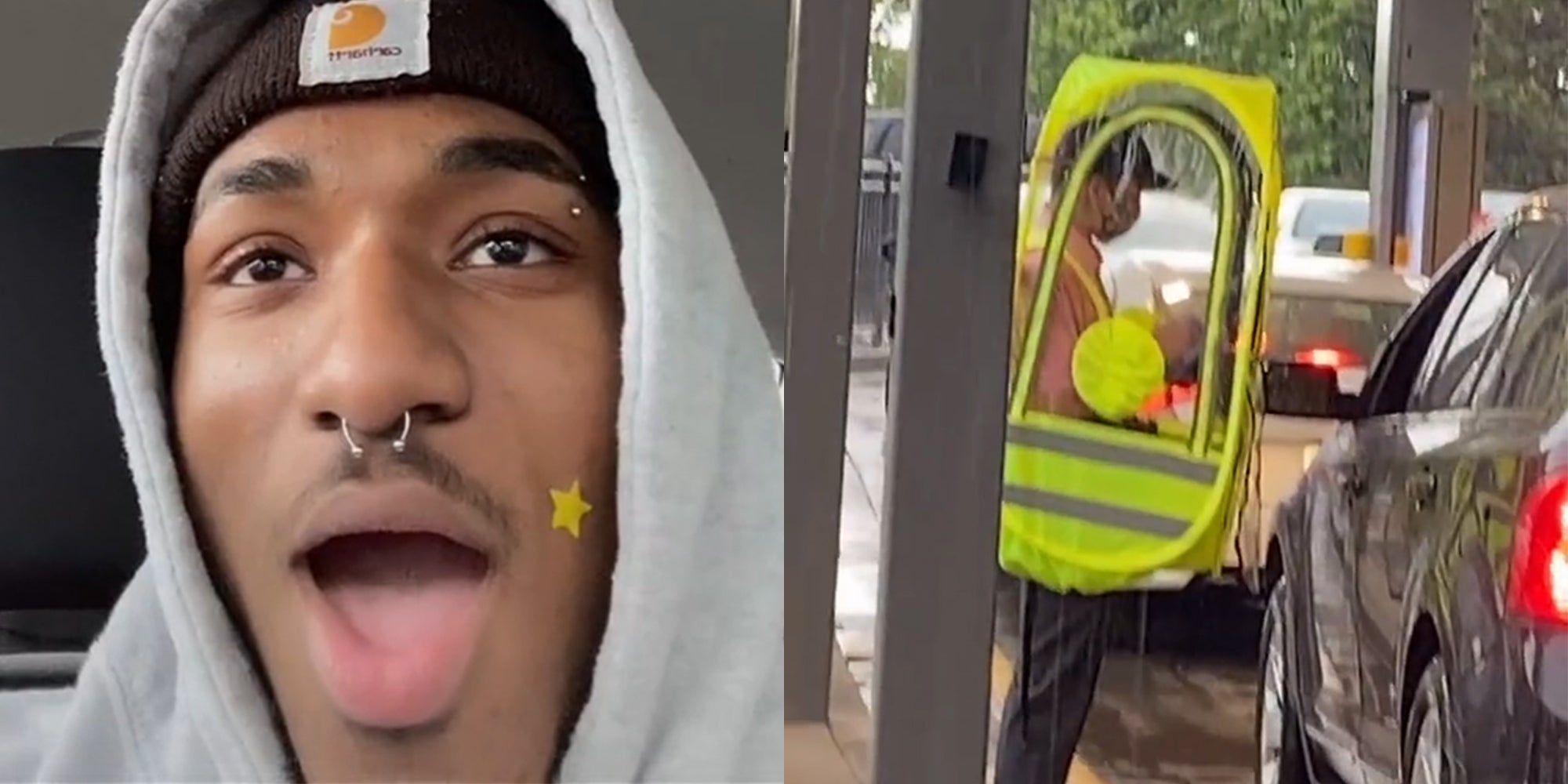 man with shocked look on his face (l) man wearing boxy raingear taking order from a car (r)