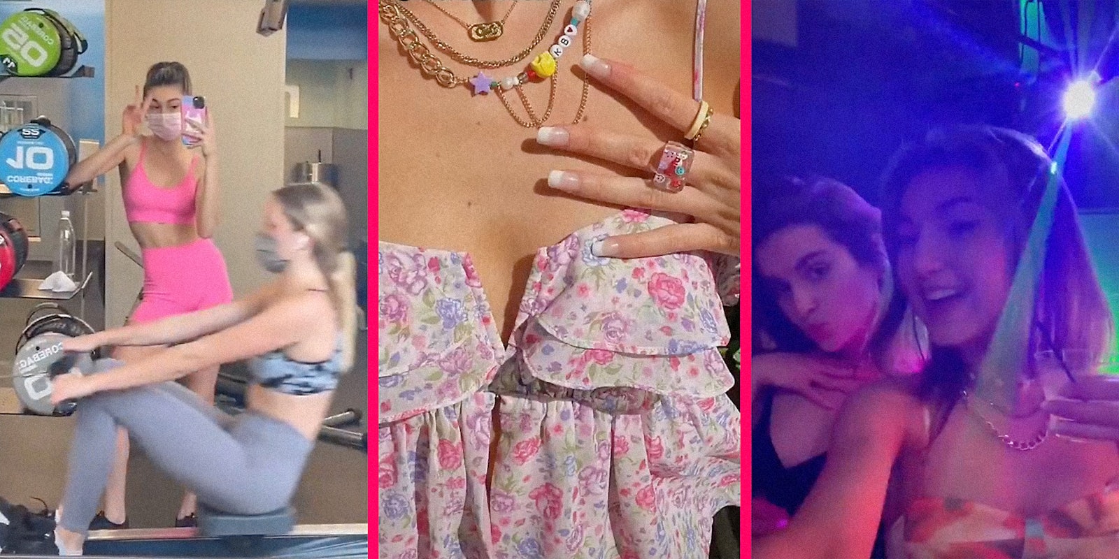 Two girls working out (L), a girl showing off jewelry (C), and two girls at a club (R).