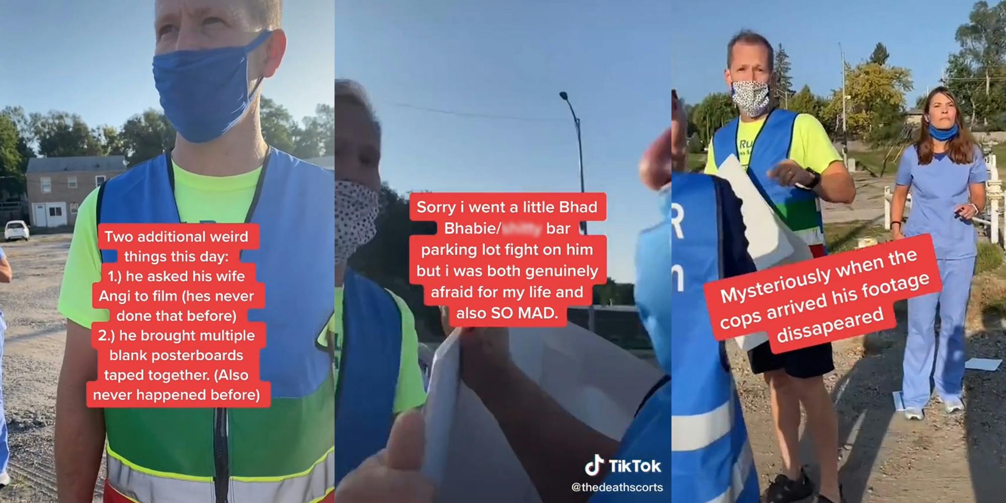 man in vest and mask assaulting Black woman with a blank sign while his wife tapes