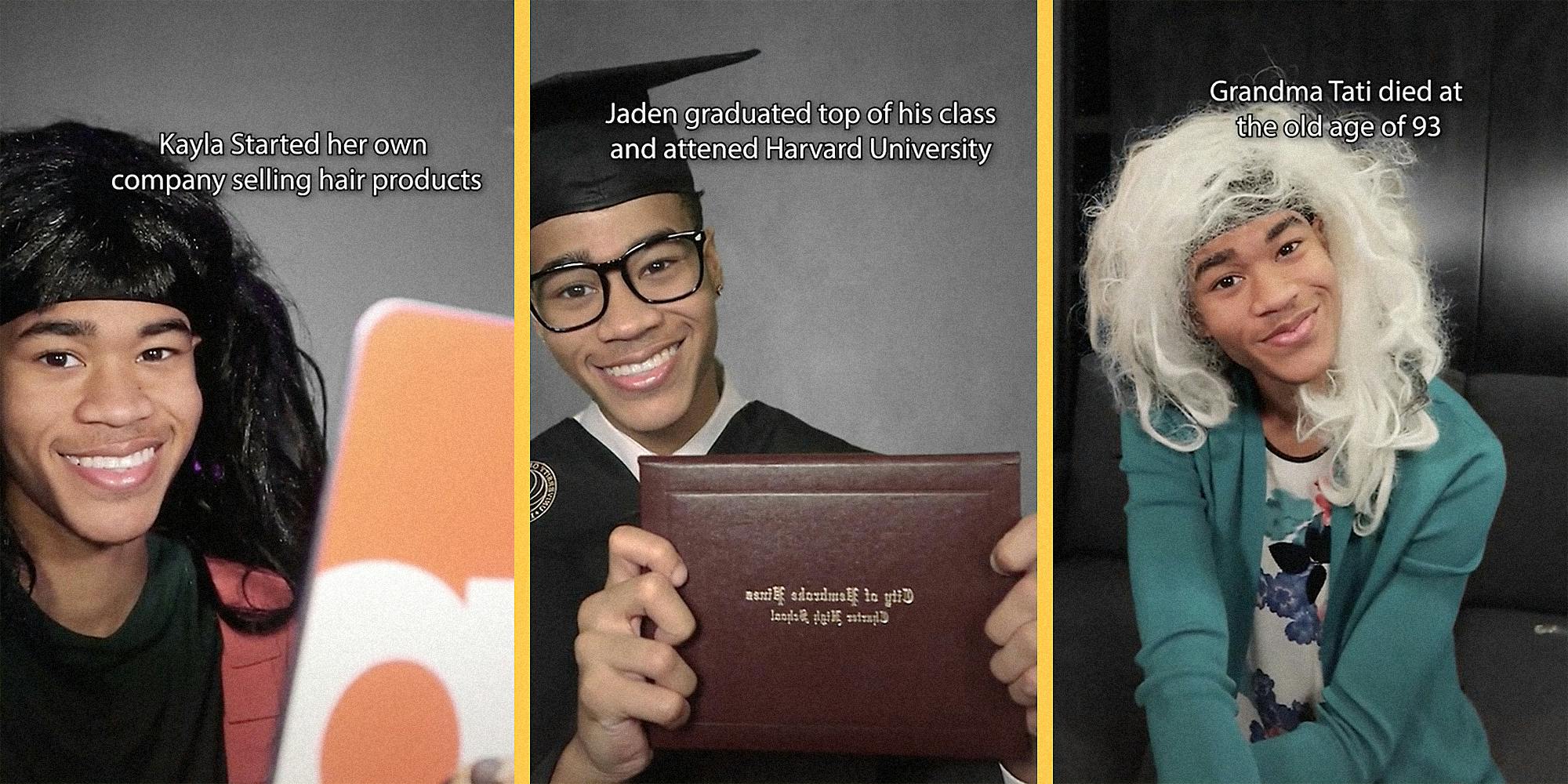 A young man dressed up as three different characters: a hairdresser, a student, and a grandma.