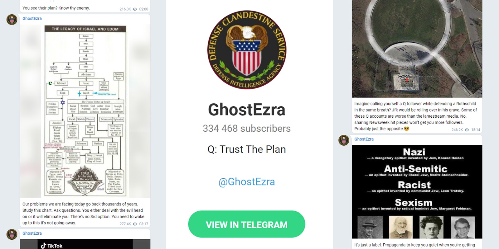 GhostEzra telegram account with antisemitic conspiracy posts