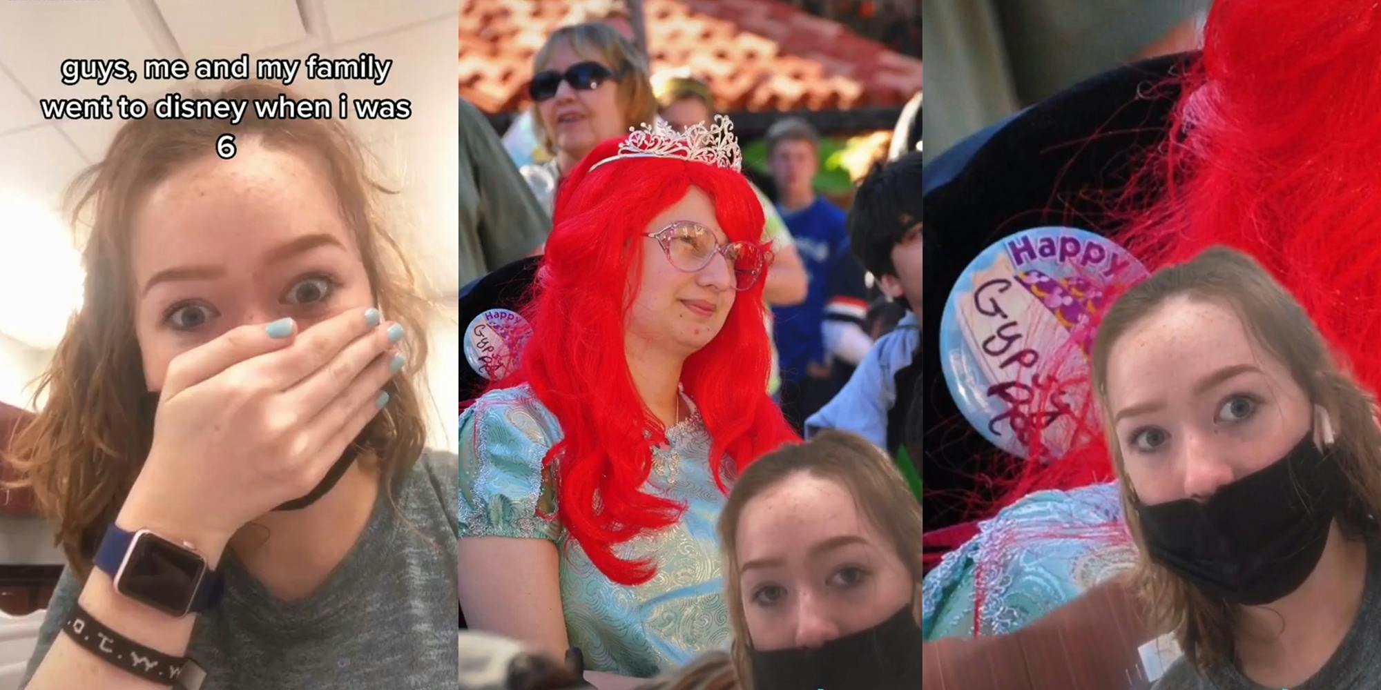 young woman with hand over mouth, surprised with caption "guys, me and my family went to disney when i was 6" (l) a young girl dressed as Ariel from The Little Mermaid (r) a button showing "Happy" and "Gypsy Rose" (r)