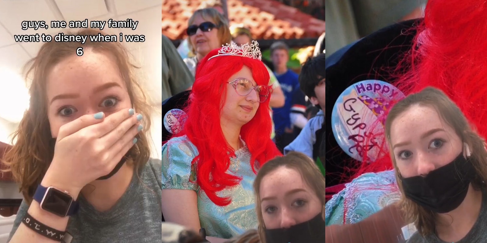 young woman with hand over mouth, surprised with caption 'guys, me and my family went to disney when i was 6' (l) a young girl dressed as Ariel from The Little Mermaid (r) a button showing 'Happy' and 'Gypsy Rose' (r)