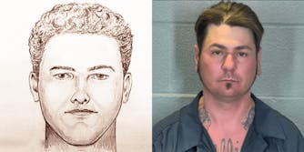Artist rendering of a murder suspect (l) James Chadwell mugshot (r)