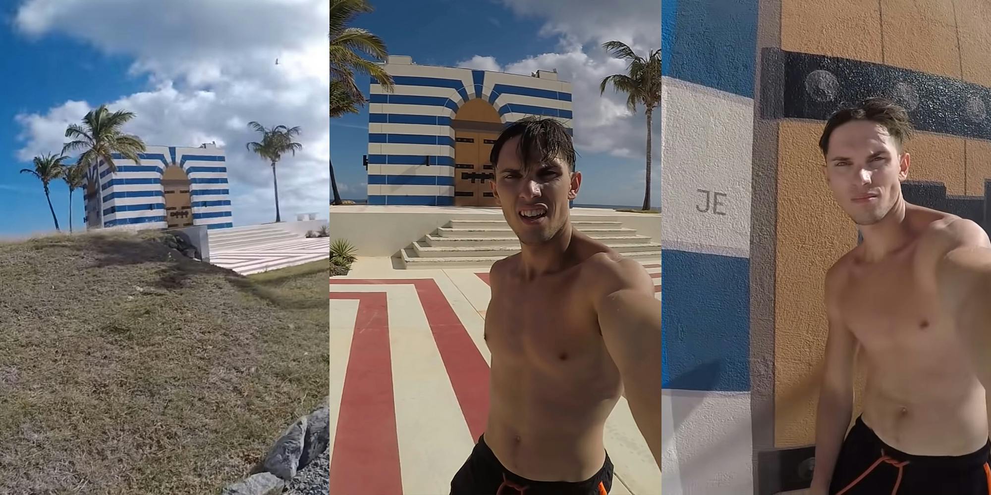 blue and white building with palm trees (l) man in front of building (c) man in front of door with letters "JE" (r)