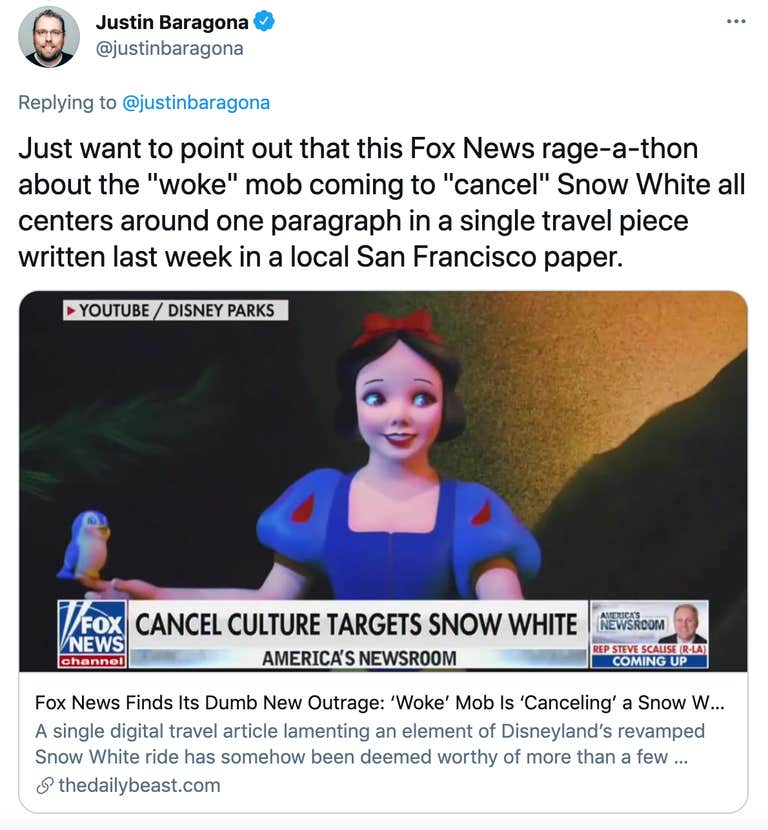 Just want to point out that this Fox News rage-a-thon about the "woke" mob coming to "cancel" Snow White all centers around one paragraph in a single travel piece written last week in a local San Francisco paper.