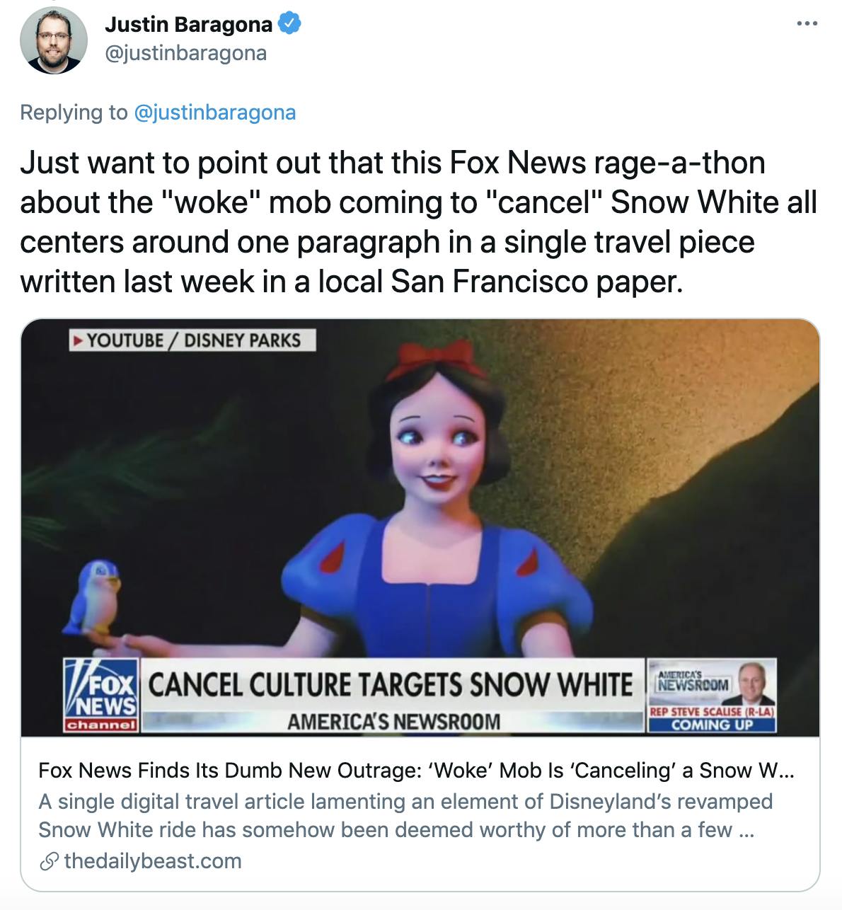 Just want to point out that this Fox News rage-a-thon about the 'woke' mob coming to 'cancel' Snow White all centers around one paragraph in a single travel piece written last week in a local San Francisco paper.