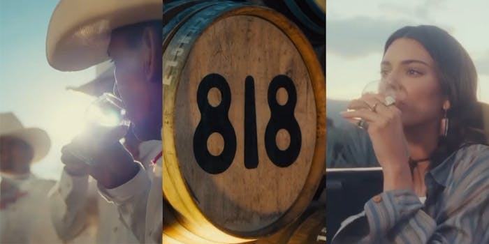 men in stetsons sip tequila (l) barrel with 818 painted on it (c) kendal jenner sipping tequila (r)