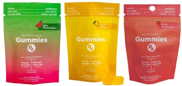 Kush Queen's Delta 8 edible products in watermelon, lemon, and strawberry