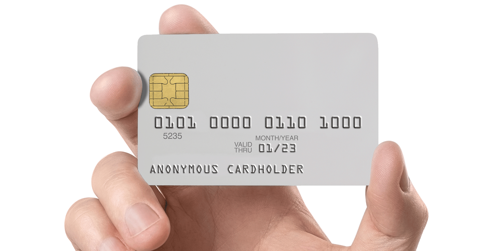 hand holding 'anonymous cardholder' credit card with changing numbers. It is representing what happens with a virtual card.