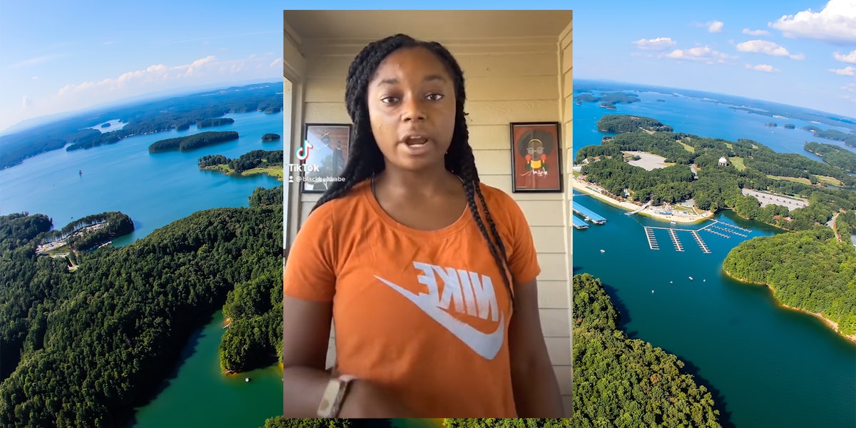 young girl over lake lanier background