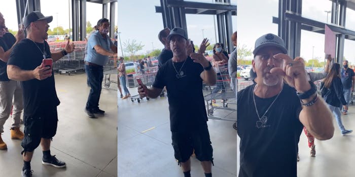 man gesturing and yelling at customers in grocery store