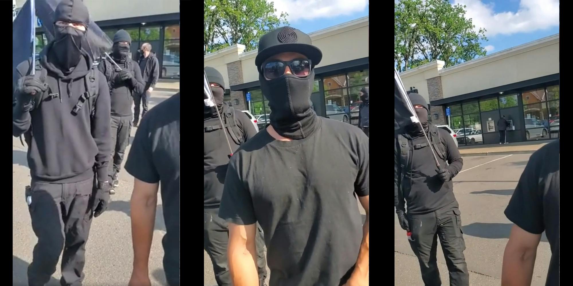 young men dressed in black with masks, hoods, hats and glasses