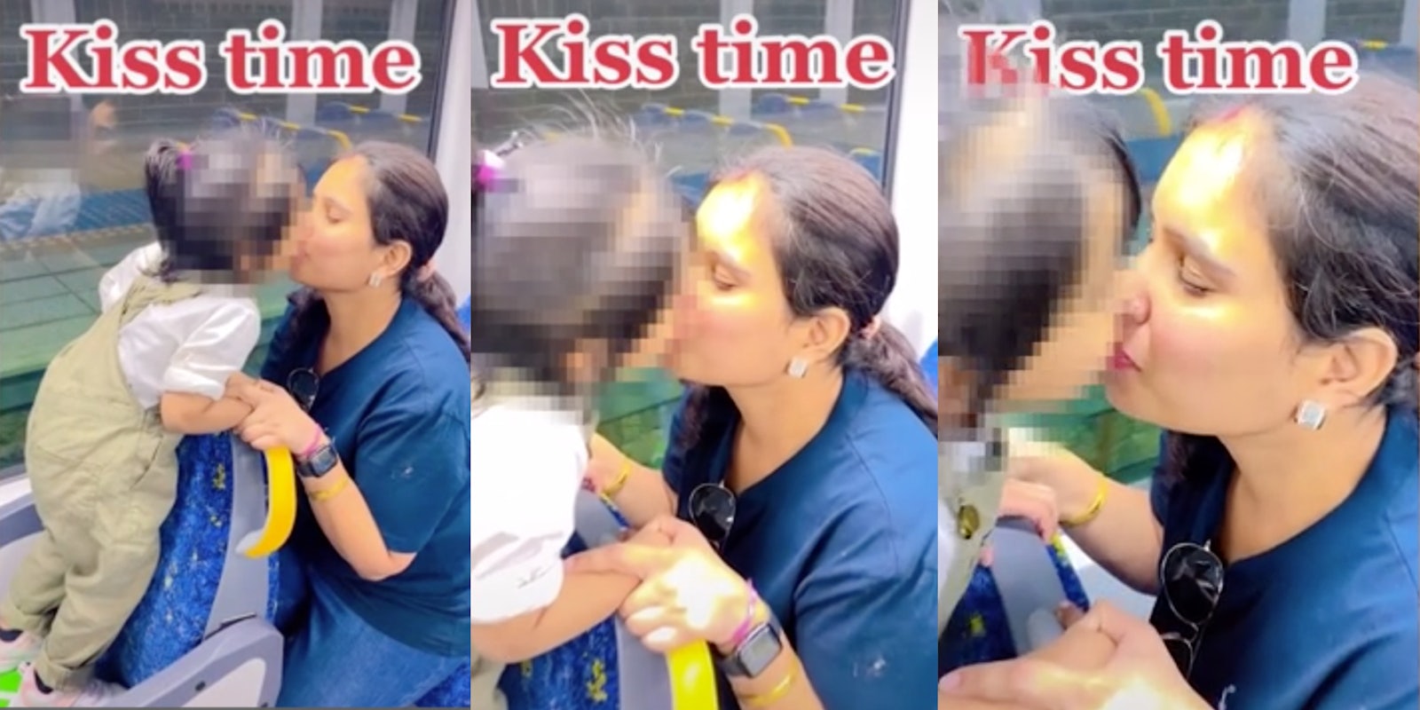Mother and daughter kissing on train