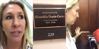 Marjorie Taylor Greene (l) Rep. Alexandria Ocasio-Cortez office sign (center) Marjorie Taylor Greene with hand on door and man in red hat filming and speaking through mail slot (r)