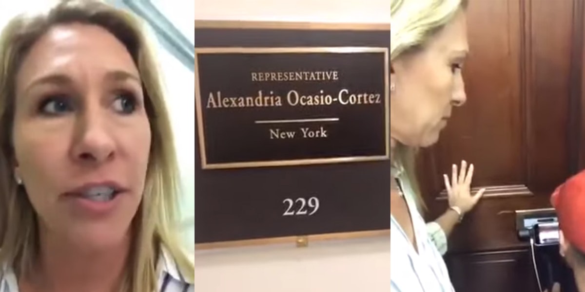 Marjorie Taylor Greene (l) Rep. Alexandria Ocasio-Cortez office sign (center) Marjorie Taylor Greene with hand on door and man in red hat filming and speaking through mail slot (r)