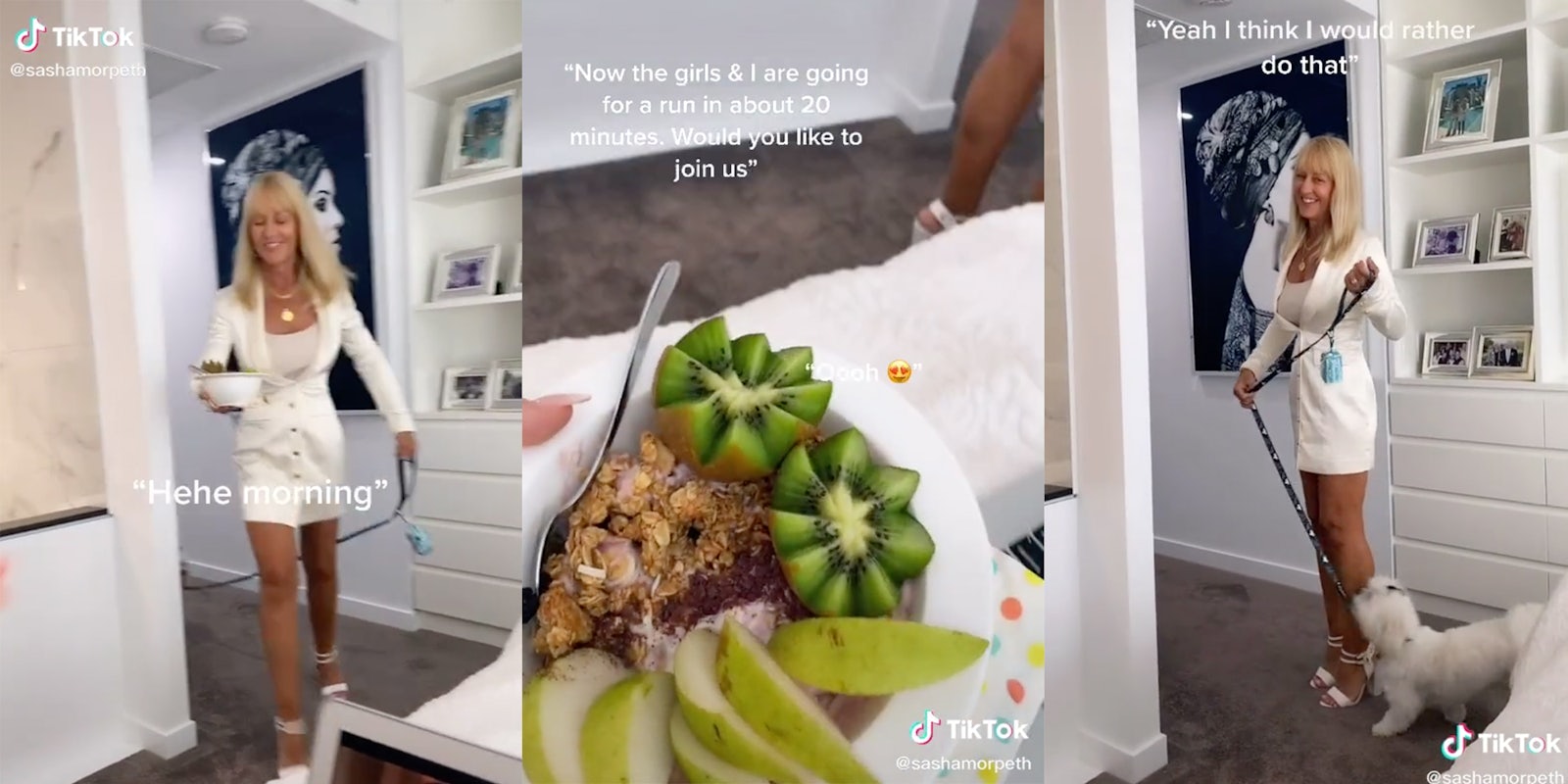 Screenshots from a TikTok of a mom bringing her daughter breakfast in bed.