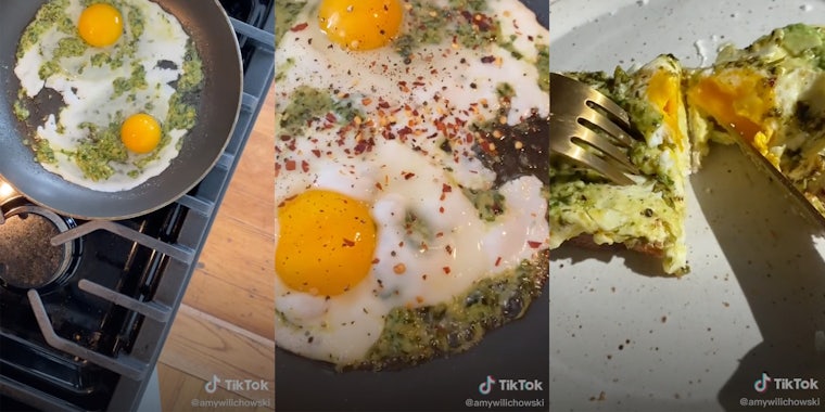 Screenshots from a TikTok making pesto eggs