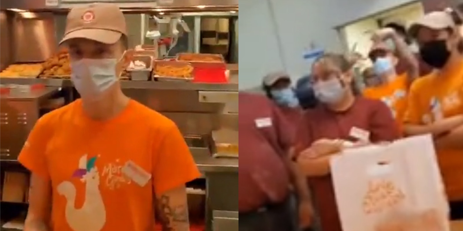 popeye's worker in facemask (l) popeye's worker throwing gang signs as co-workers stand with arms crossed (r)