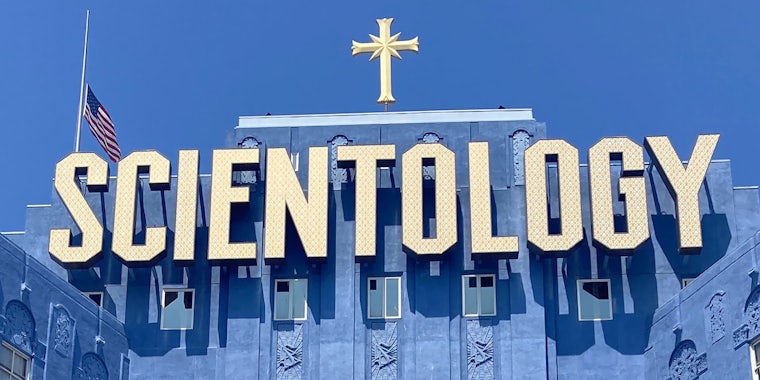 Church of Scientology sign on blue building