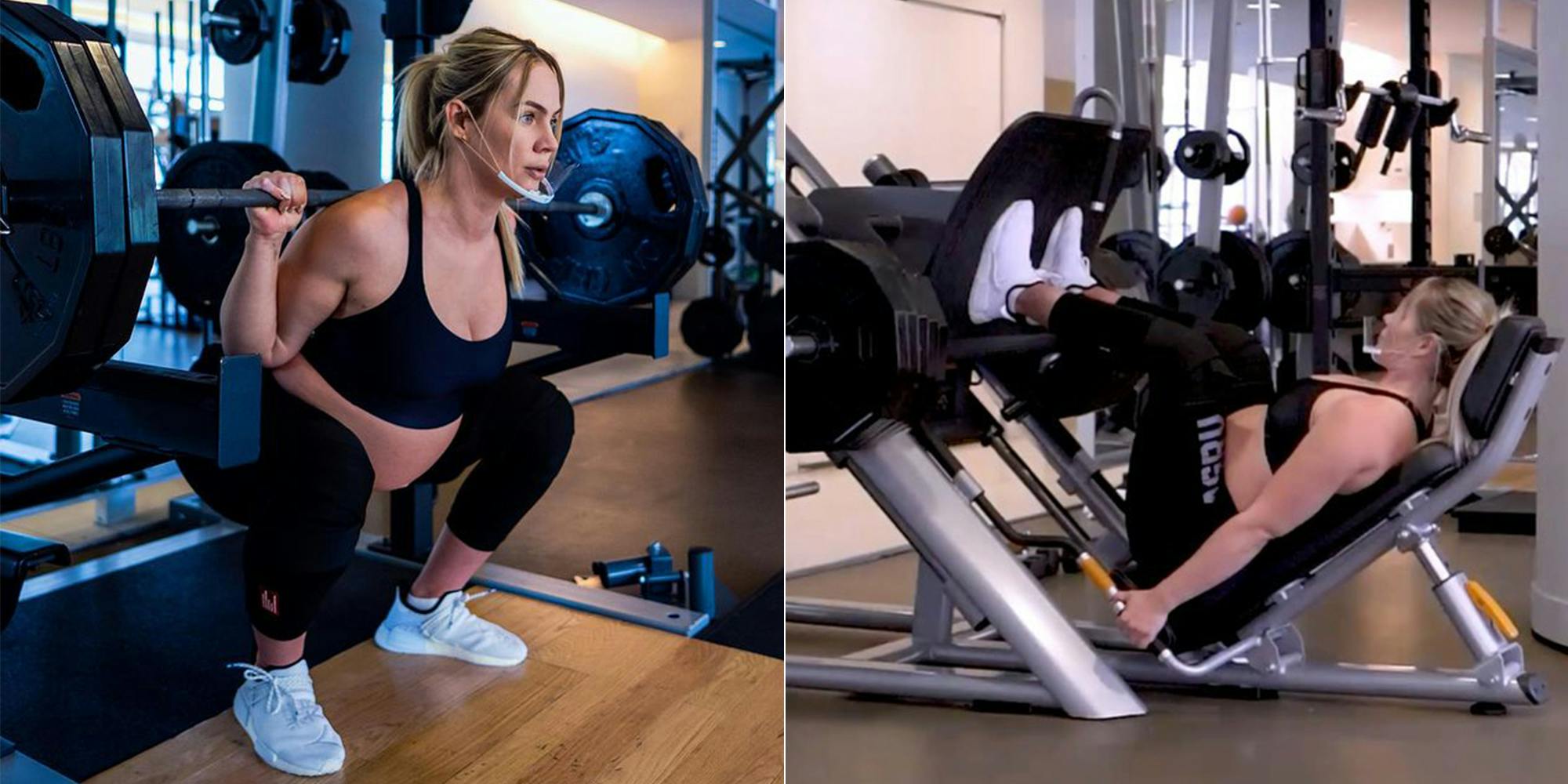 pregnant woman doing squats (l) and leg presses (r)