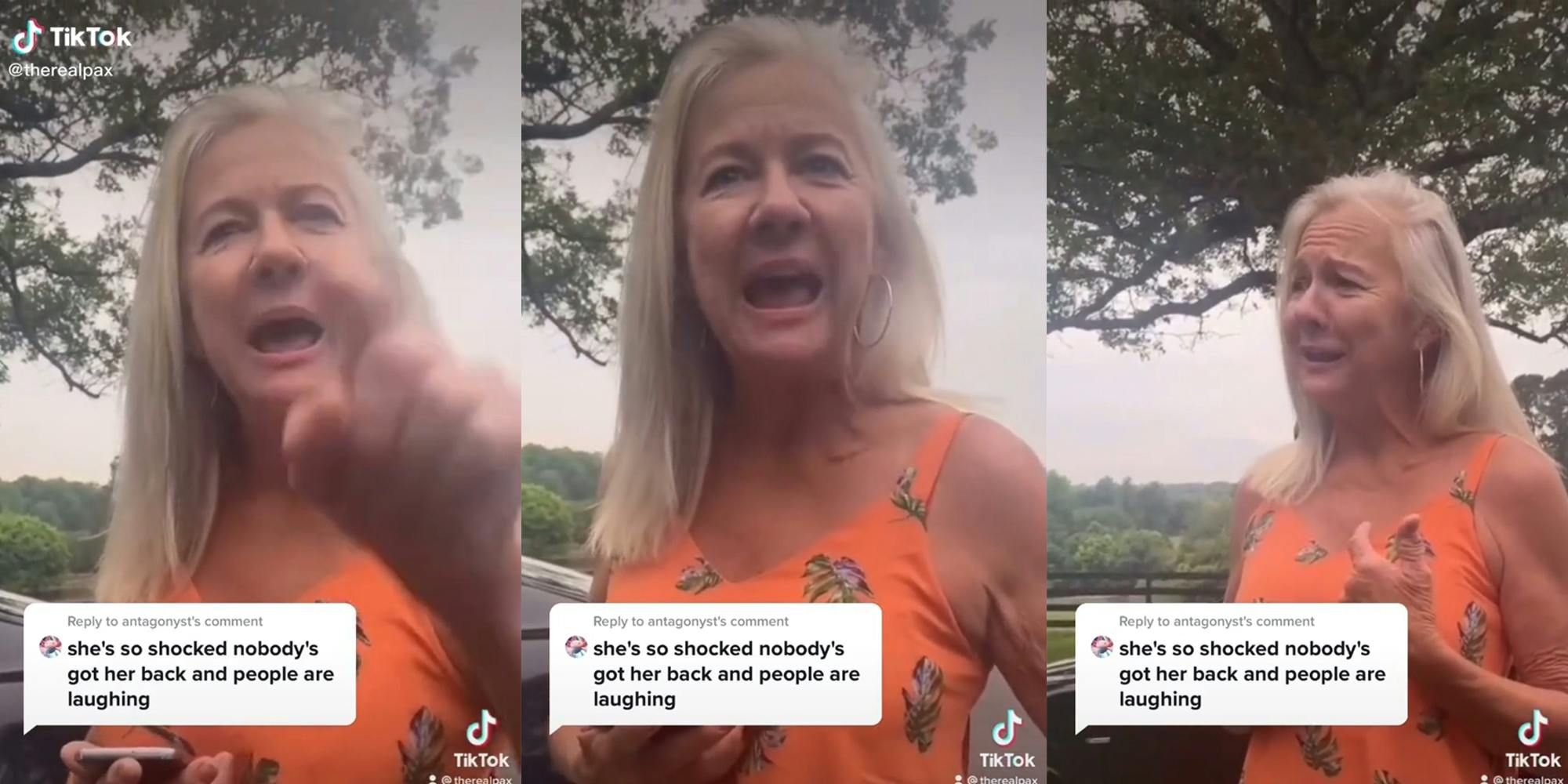 woman in orange dress pointing with "she's so shocked nobody's got her back and people are laughing" caption