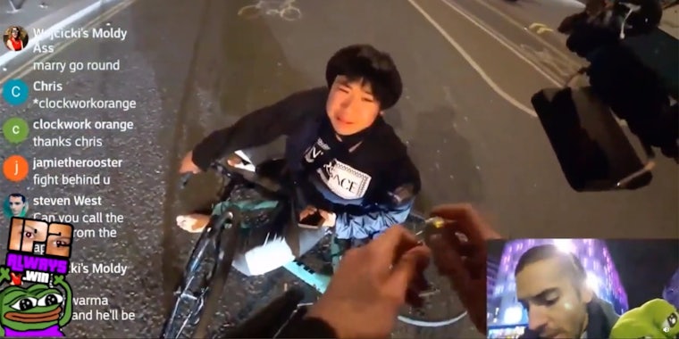 man sitting in street on bicycle, holding phone, with inset of streamer holding plush frog and dialing phone