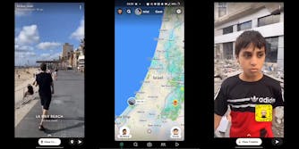 people enjoying a sunny day at the beach, Tel Aviv (l) snapchat map of Israel (c) young boy stands in front of bombed out rubble, Gaza City (r)