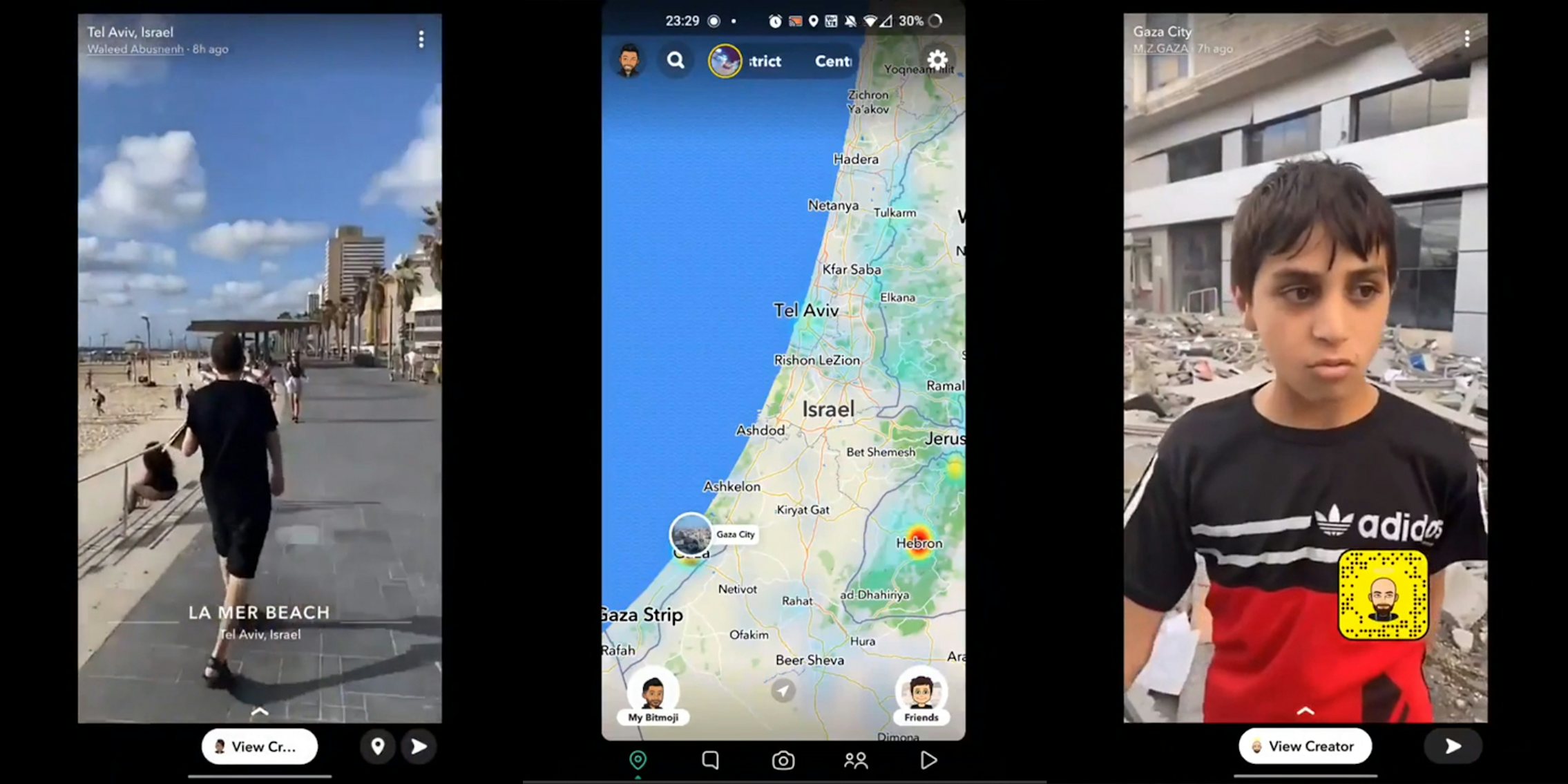people enjoying a sunny day at the beach, Tel Aviv (l) snapchat map of Israel (c) young boy stands in front of bombed out rubble, Gaza City (r)