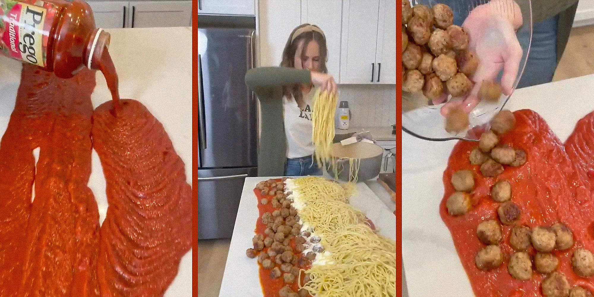 A woman making pasta on a table.