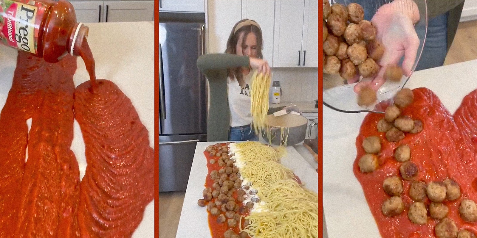 A woman making pasta on a table.