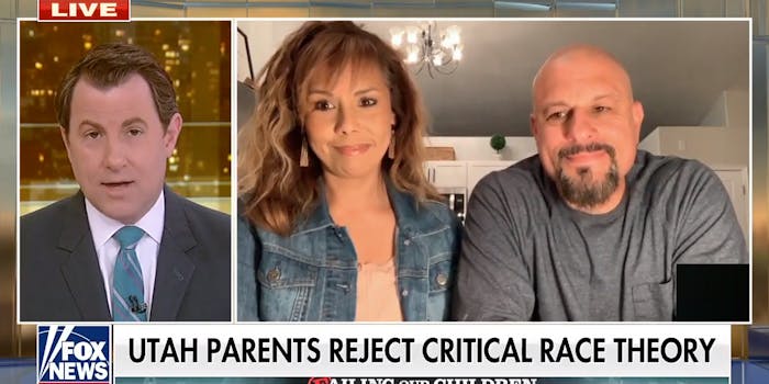 Fox News host and a couple in their house with banner "Utah parents reject critical race theory"