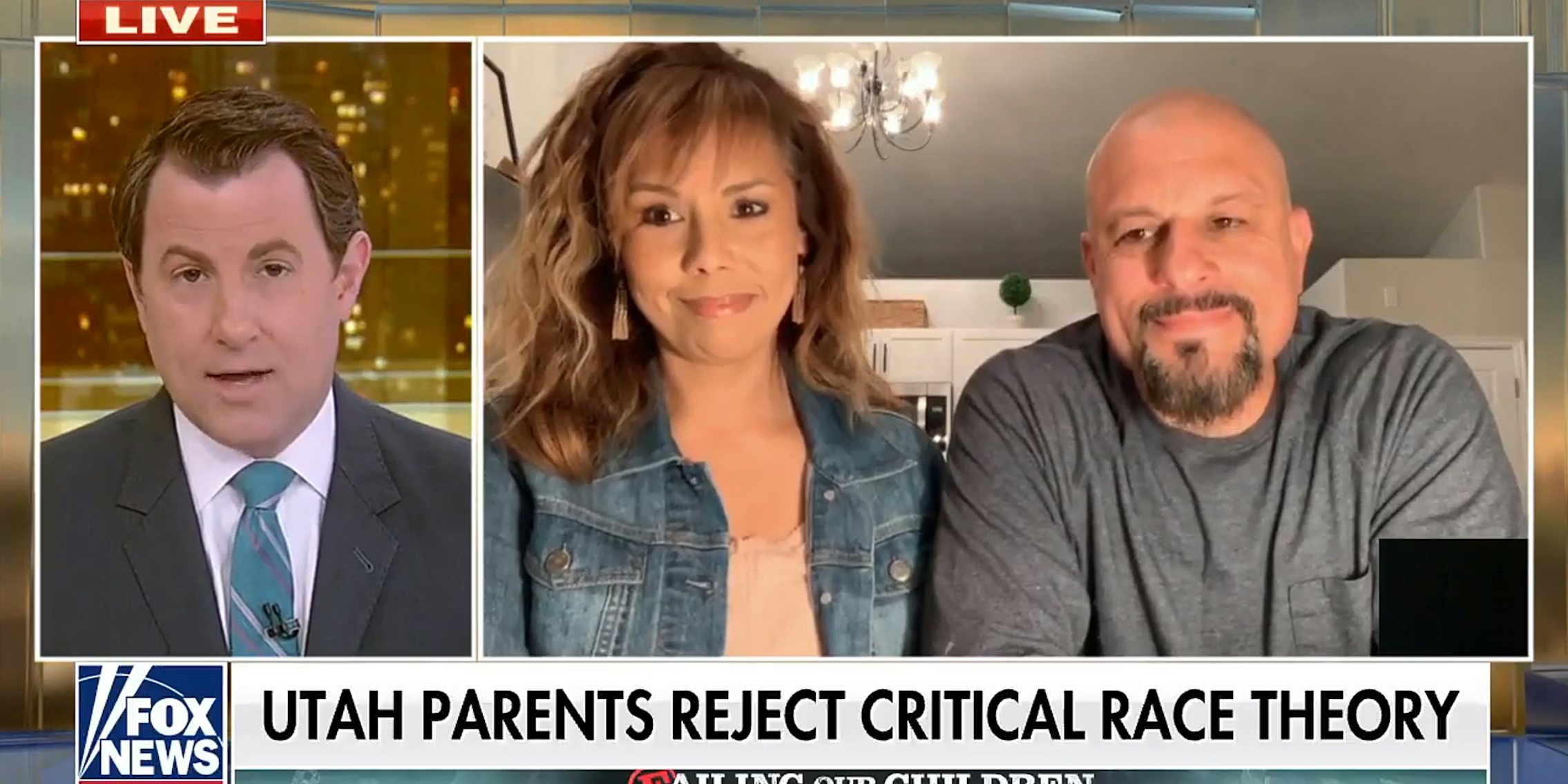 Fox News host and a couple in their house with banner 'Utah parents reject critical race theory'