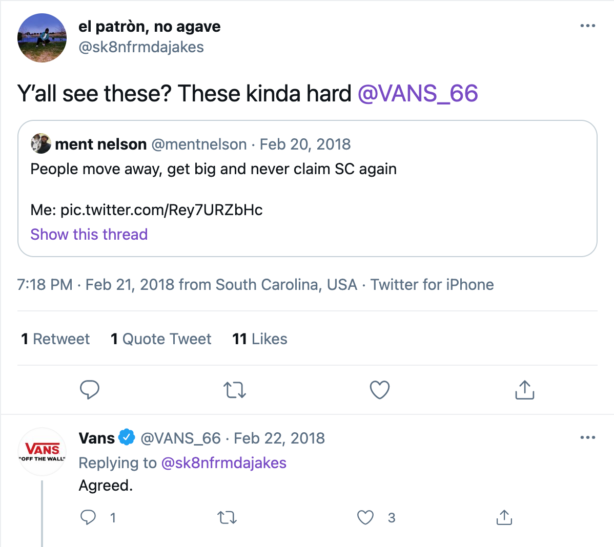 twitter screengrab of interaction between vans and @sk8nfrmdajakes