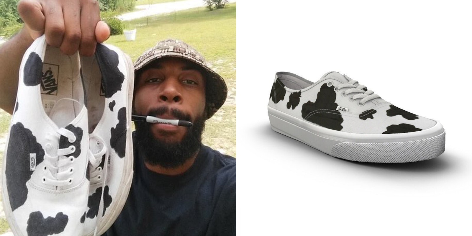 man showing off custom cow print vans with sharpie marker in his mouth (l) vans official cow print sneaker (r)