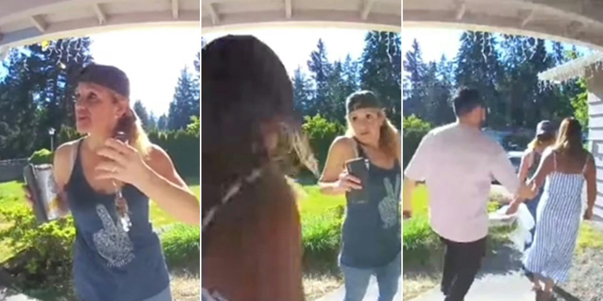 woman holding phone, can, and keys in backwards baseball cap (l) two women face to face (c) man grabbing woman's arm as they walk behind woman in baseball cap