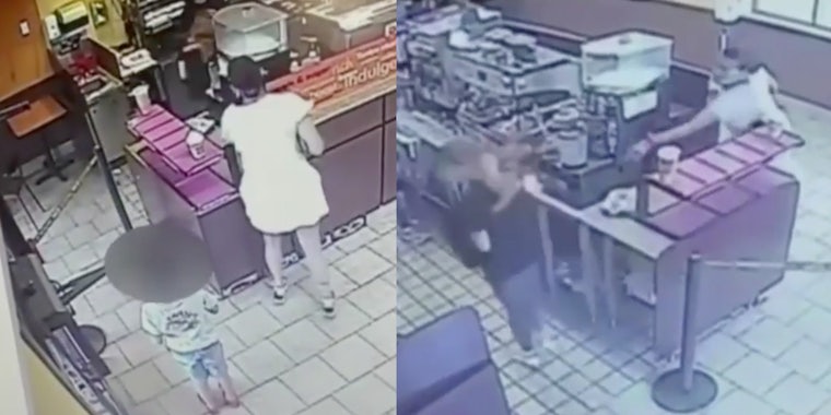woman on security camera throwing coffee at teen worker