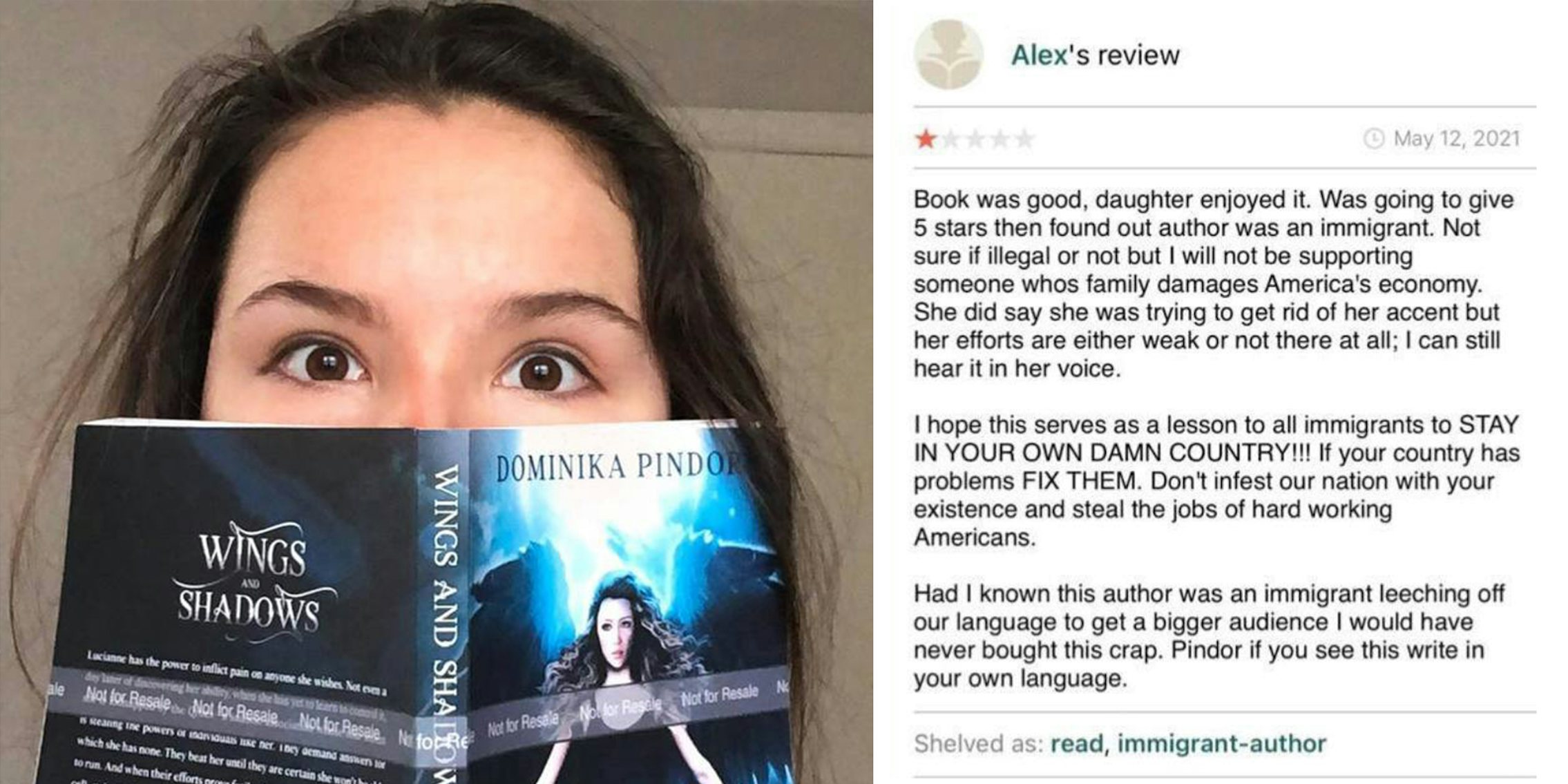 young girl holding book in front of face (l) xenophobic book review (r)