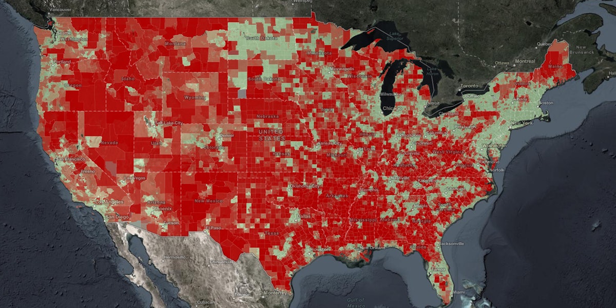 A map released by the NTIA that shows 'indicators of broadband need' across the United States. The map highlights the digital divide in the country.