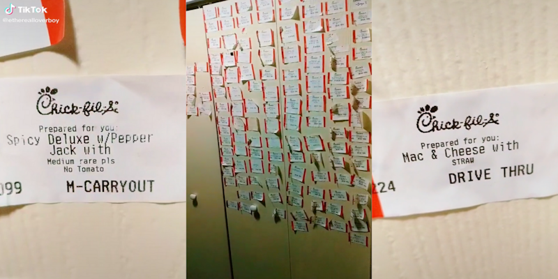 Three panel screenshot of a TikTok from a Chick-fil-A employee reading out funny customer orders. The left and right panel show orders that say 'mac and cheese with a straw' and ordering a sandwich with 'medium rare' chicken. The center panel shows the entire wall of customer order stickers.