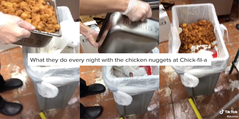 Three panel screenshot of a TikTok showing a Chick-fil-A employee throwing a full tray of chicken nuggets away with a screenshot of the video caption that says, 'What they do every night with the chicken nuggets at Chick-fil-a'