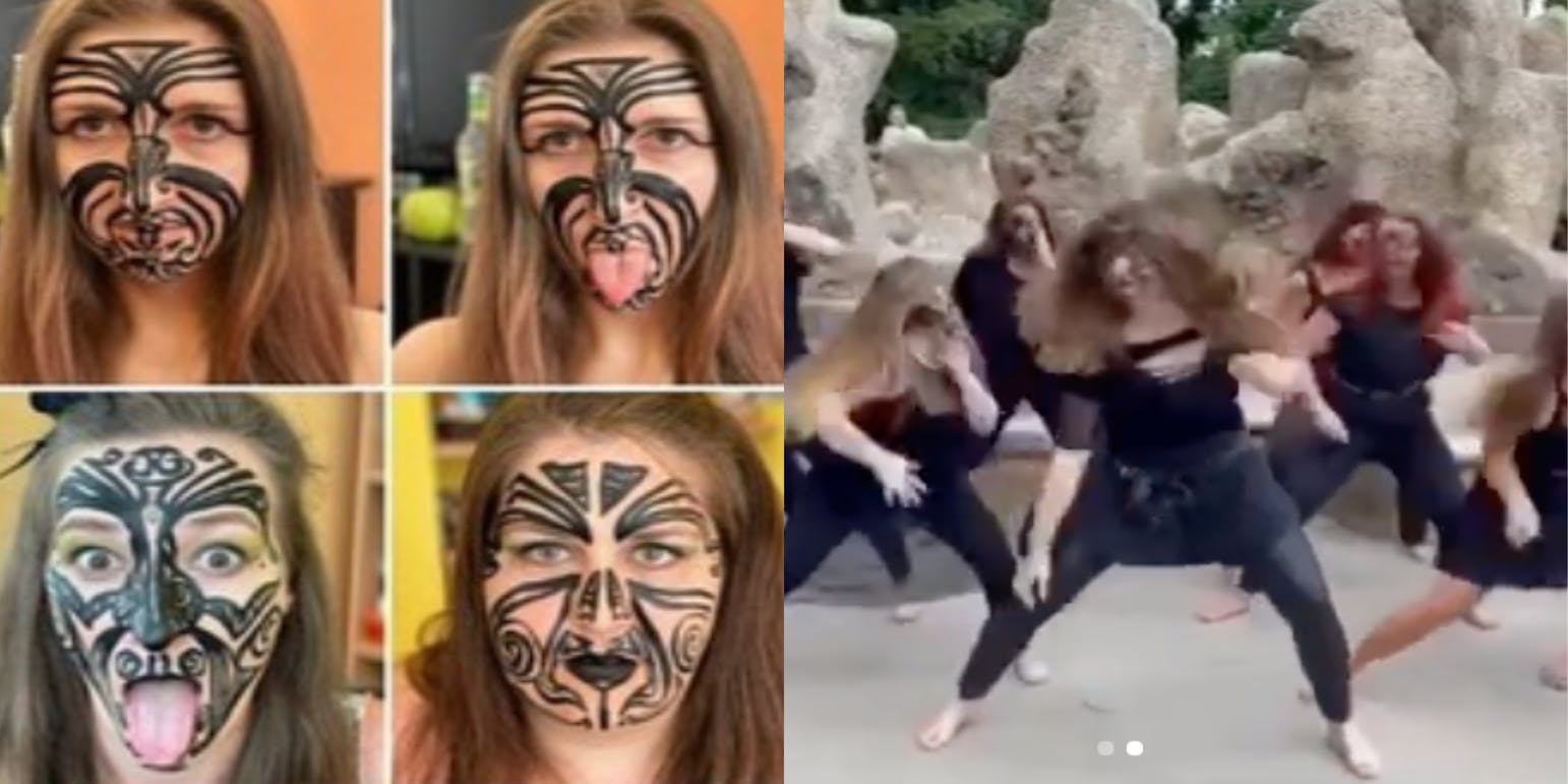 Screenshots of Czech Republic dance group with face painted Maori face tattoos on the left and performing a "Bollywood Haka" dance fusion to the right